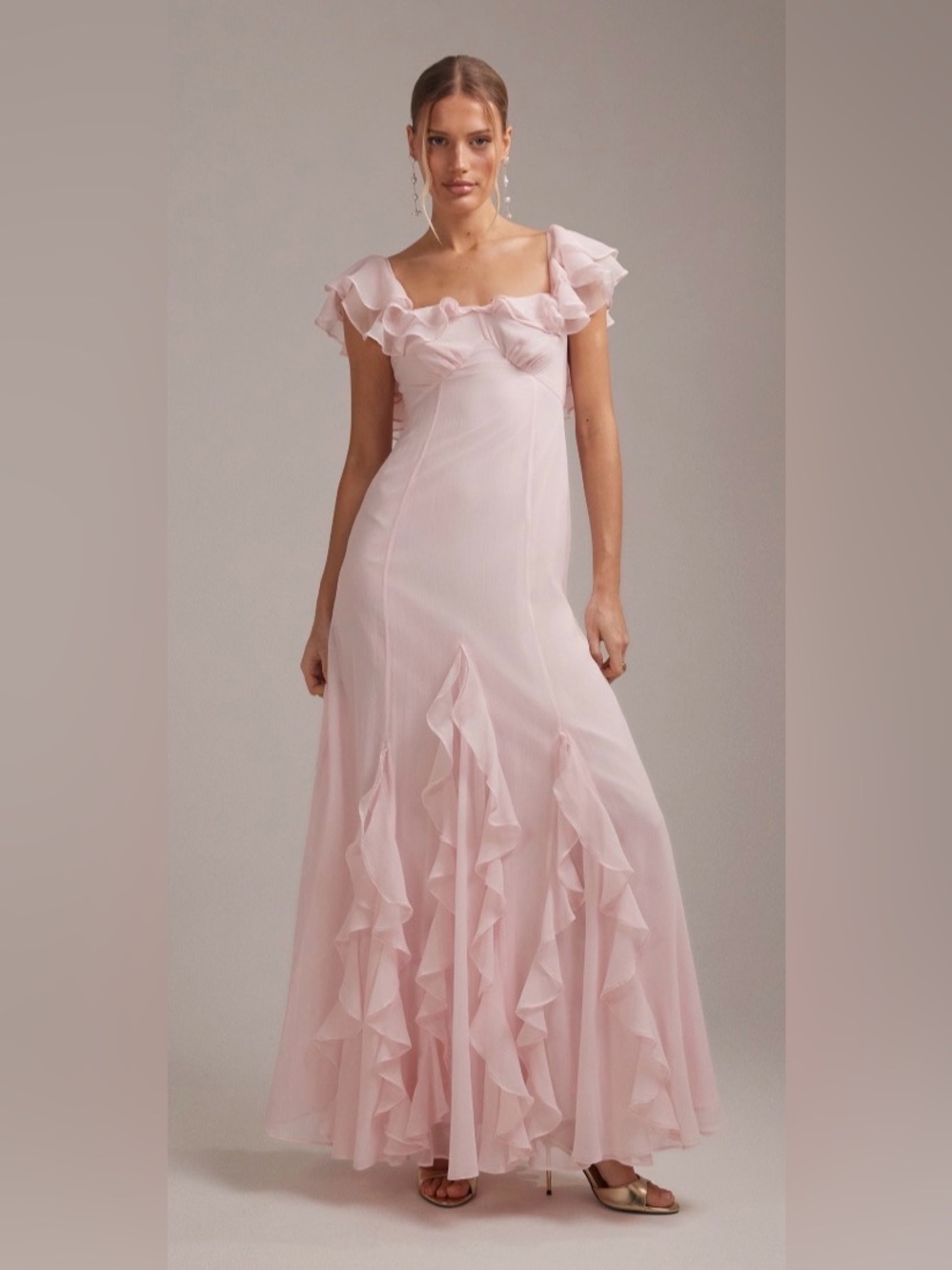 Delicate Ruffle-Trim Light Pink Maxi Dress
